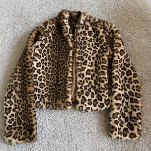 Trouvé Jacket Womens Small Brown Faux Fur Leopard Print Short Lined Collared